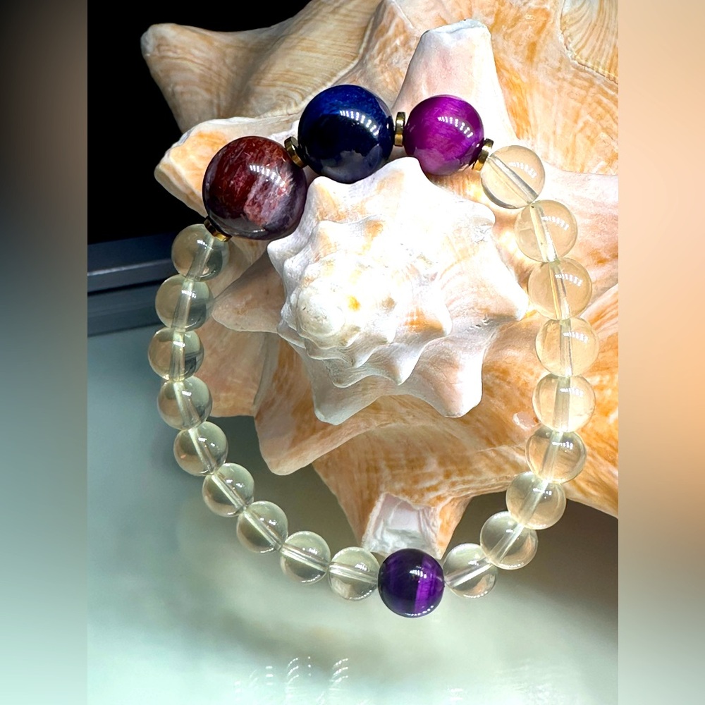 LEMON QUARTZ + TIGERS + SUPER 7 NATURAL STONES BRACELET size 7”